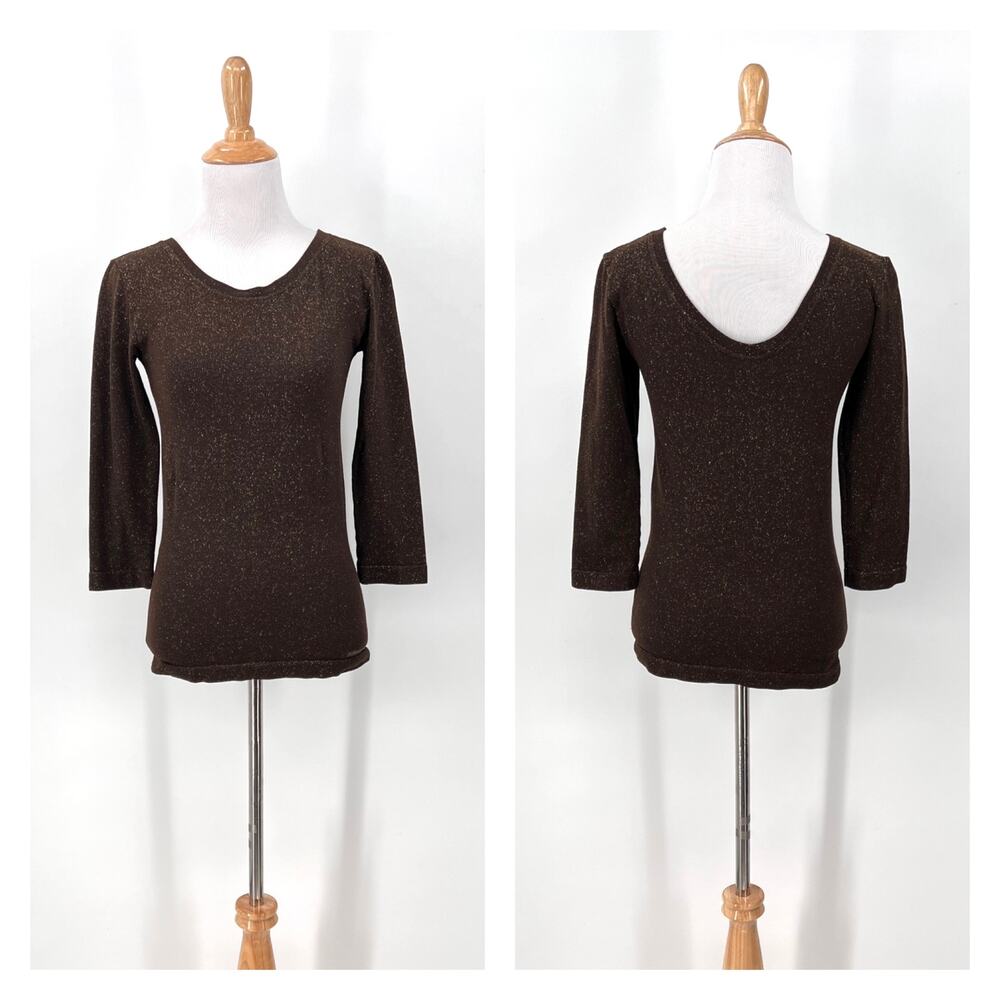 MAX MARA BODYWEAR Stretch Knit Layering Top Womens Large Brown Gold 3/4 Sleeve